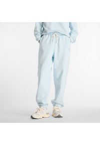 Spodnie damskie New Balance WP41513FRL – niebieskie. Stan: podwyższony. Kolor: niebieski. Materiał: dresówka, bawełna. Wzór: ze splotem