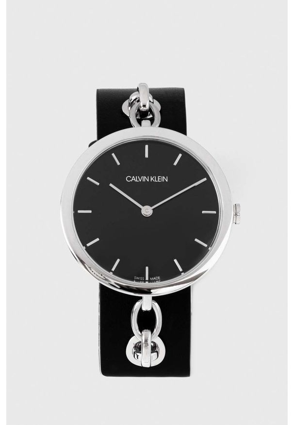 Calvin Klein zegarek damski kolor czarny. Kolor: czarny. Materiał: skóra, materiał