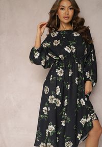 Renee - Czarno-Beżowa Midi Sukienka w Kwiaty o Rozkloszowanym Kroju z Rękawami Nietoperz Jervia. Kolor: czarny. Wzór: kwiaty. Styl: elegancki. Długość: midi