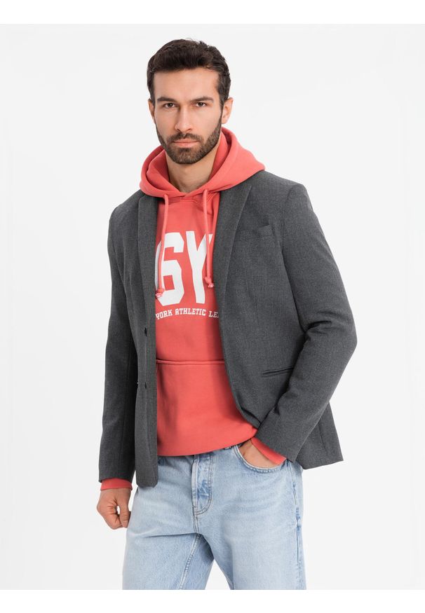 Ombre Clothing - Elegancka marynarka męska z dekoracyjnymi guzikami na mankietach - grafitowa V1 - Rozmiar: L. Kolor: szary. Materiał: poliester. Styl: elegancki