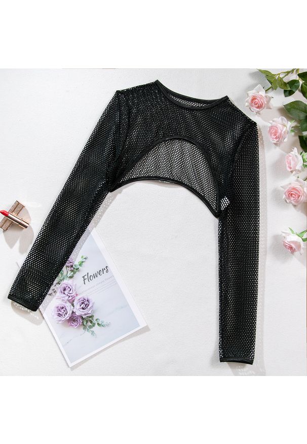 Intica - Komplet bieliźniany z narzutką i crop topem siateczkowy na wieczór Jorien. Kolor: czarny. Materiał: tkanina