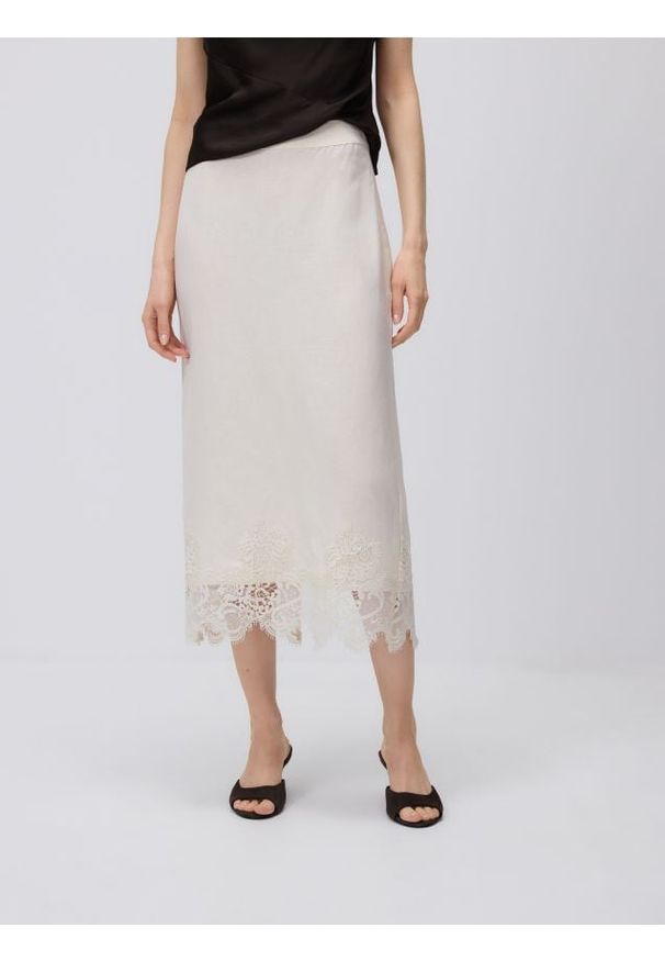 Reserved - Spódnica midi z lnem - złamana biel. Materiał: len