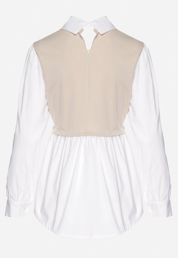 Born2be - Beżowa Rozkloszowana Bluzka Koszulowa z Wiskozą z Wszytą Kamizelką z Cyrkoniami Uliaviela. Okazja: na co dzień. Typ kołnierza: kołnierzyk klasyczny. Kolor: beżowy. Materiał: wiskoza. Długość rękawa: długi rękaw. Długość: długie. Wzór: aplikacja. Styl: casual, elegancki, klasyczny