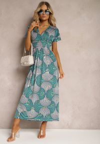 Renee - Zielona Sukienka z Wiskozy w Stylu Boho z Krótkim Rękawem i Gumką w Talii Urisa. Kolor: zielony. Materiał: wiskoza. Długość rękawa: krótki rękaw. Sezon: lato. Styl: boho #4