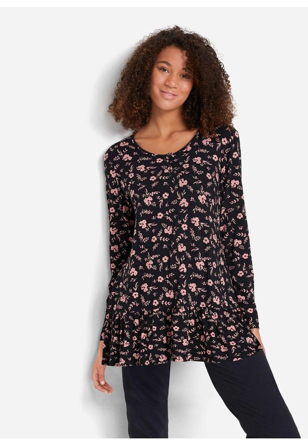 bonprix - Długa tunika shirtowa z mieszanki wiskozy. Kolor: czarny. Materiał: wiskoza. Długość rękawa: długi rękaw. Długość: długie. Wzór: nadruk