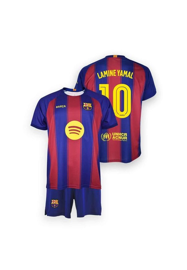 Strój domowy FC Barcelona Junior Lamine Yamal nr 10 2025/26 Blaugrana. Kolor: czerwony, niebieski, wielokolorowy. Wzór: haft, paski. Sport: piłka nożna