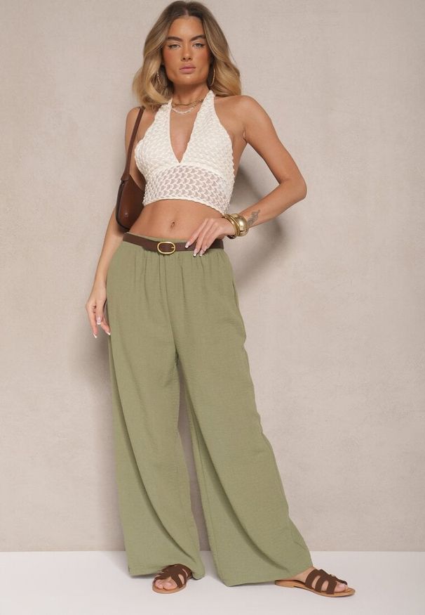 Renee - Ciemnozielone Spodnie Palazzo o Szerokim Kroju High Waist Ollevia. Okazja: na co dzień, na spotkanie biznesowe. Stan: podwyższony. Kolor: zielony. Materiał: jedwab. Wzór: aplikacja. Styl: biznesowy, elegancki, casual