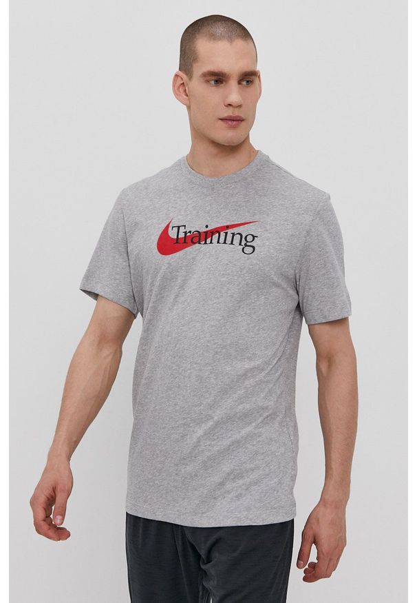 Nike - T-shirt. Okazja: na co dzień. Kolor: szary. Materiał: włókno, skóra, tkanina. Wzór: nadruk. Styl: casual