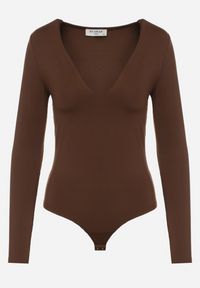 Born2be - Brązowe Body z Dekoltem w Serek i Długim Rękawem Zailea. Okazja: na co dzień, do pracy. Typ kołnierza: dekolt w serek. Kolor: brązowy. Materiał: materiał, jeans. Długość rękawa: długi rękaw. Długość: długie. Styl: klasyczny, casual #5