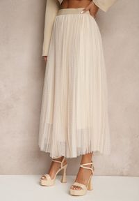Renee - Beżowa Rozkloszowana Spódnica z Tiulu w Kropki Folemia. Okazja: na co dzień. Kolor: beżowy. Materiał: tiul. Wzór: kropki. Styl: elegancki, casual #5
