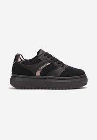 Born2be - Czarne Sznurowane Sneakersy na Płaskiej Grubej Podeszwie z Metalicznymi Wstawkami Neradel. Kolor: czarny. Materiał: materiał. Obcas: na płaskiej podeszwie #5