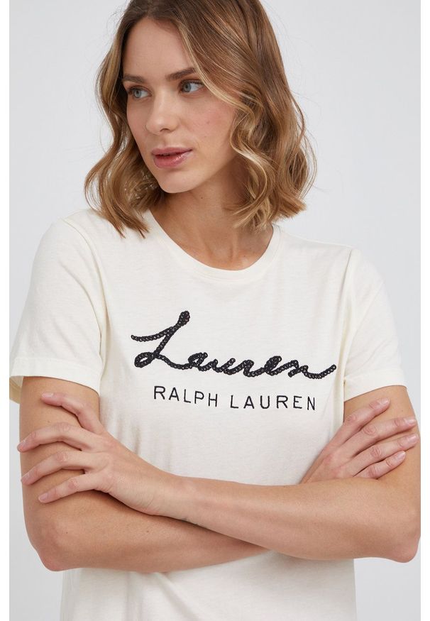 Lauren Ralph Lauren - T-shirt. Okazja: na co dzień. Kolor: beżowy. Materiał: dzianina. Wzór: aplikacja. Styl: casual