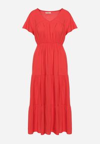 Born2be - Czerwona Sukienka z Wiskozy o Rozkloszowanym Kroju Folky. Okazja: na co dzień. Typ kołnierza: dekolt w kształcie V. Kolor: czerwony. Materiał: wiskoza. Styl: elegancki, casual #3