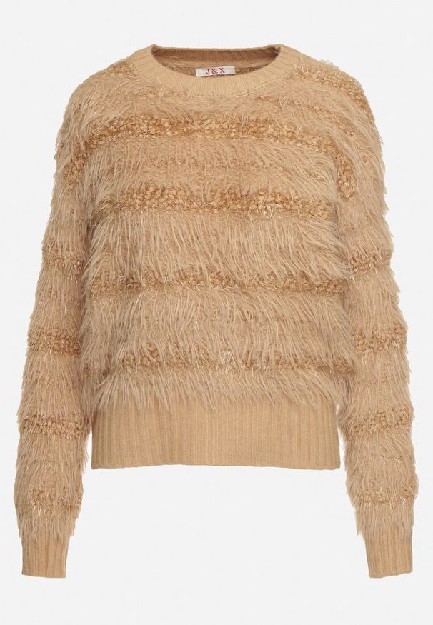 Born2be - Ciemnobeżowy Puchaty Sweter z Wełną i Ściągaczami Exenevia. Okazja: na co dzień. Kolor: beżowy. Materiał: wełna. Styl: casual