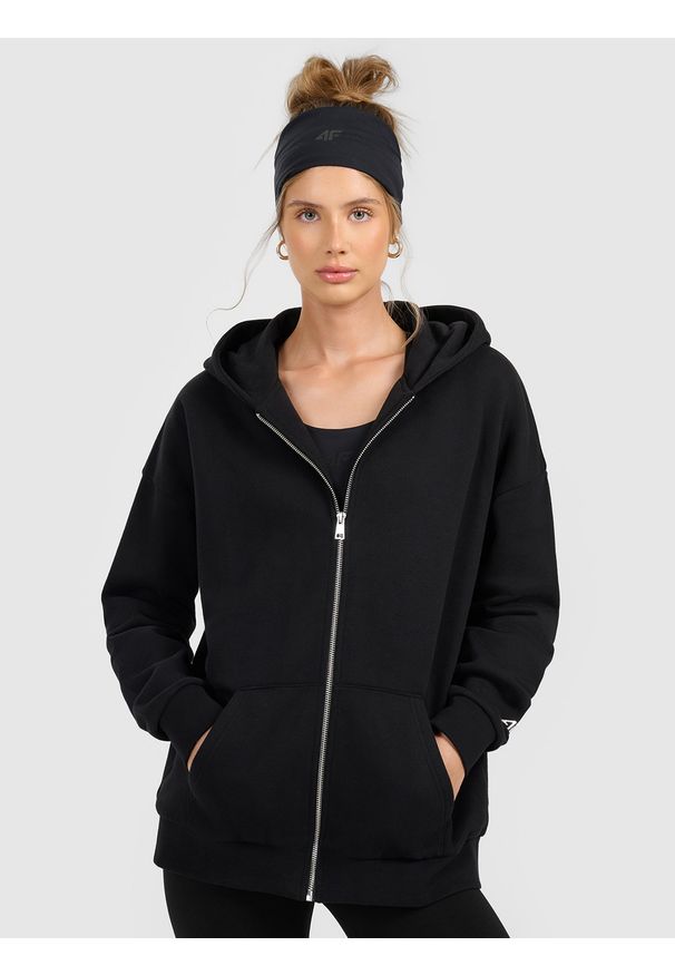 4f - 4F Bluza dresowa rozpinana z kapturem damska - czarna L. Okazja: na co dzień, do pracy, na spacer. Typ kołnierza: kaptur. Kolor: czarny. Materiał: dresówka. Styl: casual. Sport: turystyka piesza
