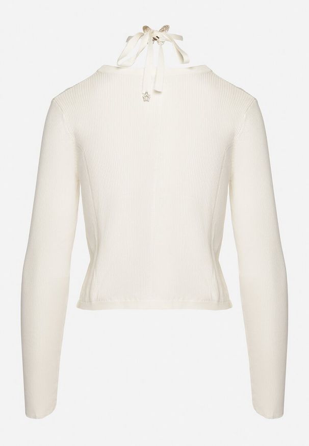Born2be - Biały Wiskozowy Kardigan Prążkowany na Ozdobne Napy z Chokerem Ivelania. Typ kołnierza: choker. Kolor: biały. Materiał: wiskoza, prążkowany