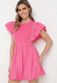 Born2be - Fuksjowa Sukienka Altheia. Kolor: różowy. Materiał: bawełna, tkanina, tiul. Wzór: jednolity, aplikacja. Typ sukienki: bombki. Styl: klasyczny. Długość: mini #1