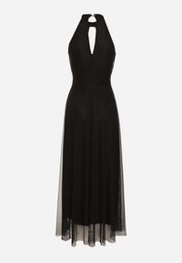 Born2be - Czarna Wieczorowa Sukienka ze Stójką Wiązana w Talii Ozdobiona Siateczką Nestasoni. Okazja: na imprezę. Typ kołnierza: kołnierzyk stójkowy. Kolor: czarny. Materiał: satyna. Długość rękawa: bez rękawów. Wzór: aplikacja. Styl: wizytowy #2