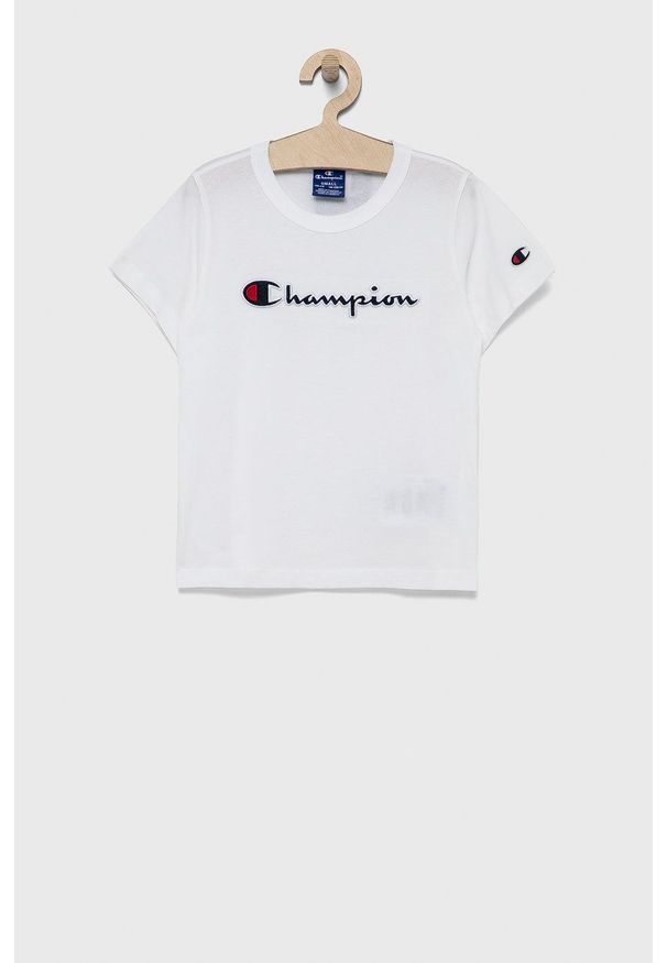 Champion T-shirt bawełniany dziecięcy kolor biały. Okazja: na co dzień. Kolor: biały. Materiał: bawełna. Wzór: haft. Styl: casual