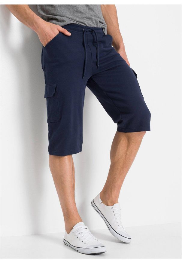 bonprix - Długie bermudy dresowe bojówki z czystej bawełny, Regular Fit. Kolor: niebieski. Materiał: dresówka, bawełna. Długość: długie