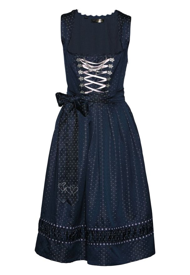 Sukienka ludowa z haftowanym fartuchem z satyny bonprix ciemnoniebiesko-pastelowy jasnoróżowy wzorzysty. Kolor: niebieski. Materiał: satyna. Wzór: haft. Styl: elegancki