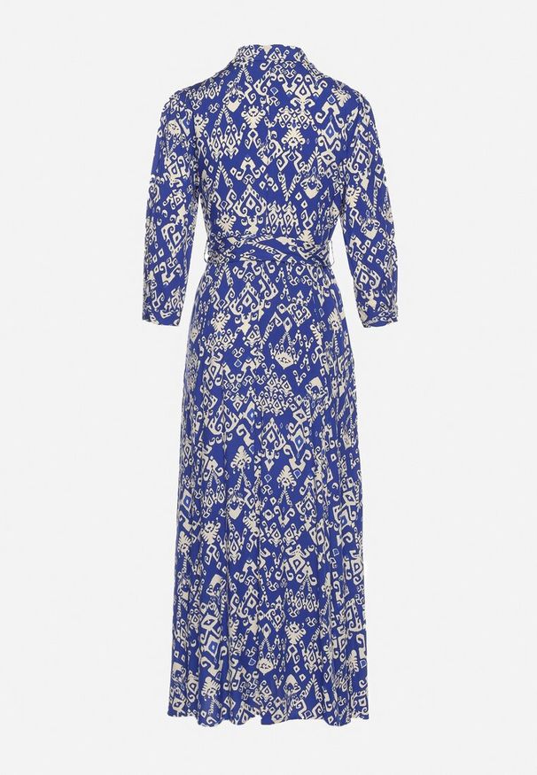 Born2be - Granatowa Sukienka Koszulowa z Wiskozy Ozdobiona Ornamentalnym Wzorem Hoarna. Kolor: niebieski. Materiał: wiskoza. Wzór: aplikacja. Sezon: wiosna, lato. Typ sukienki: koszulowe