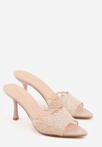 Renee - Beżowe Koronkowe Klapki na Szpilce Lyvete. Kolor: beżowy. Materiał: koronka. Wzór: haft, koronka. Obcas: na szpilce. Styl: elegancki #8