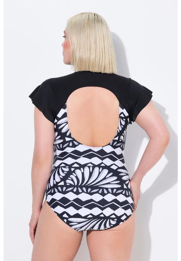 ULLA POPKEN - Damski Strój kąpielowy rękaw motylek miękkie miseczki zamek z recyklingu. Kolekcja: plus size. Kolor: czarny. Materiał: elastan, poliamid, materiał