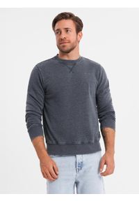 Ombre Clothing - Washowana bluza męska z ozdobnym przeszyciem przy dekolcie - granatowa V4 - Rozmiar: L. Kolor: niebieski. Materiał: jeans, materiał, poliester, bawełna. Wzór: haft #3