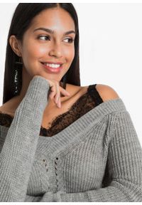 Sweter ażurowy z koronką bonprix szary melanż. Kolor: szary. Materiał: koronka. Wzór: melanż, koronka, ażurowy