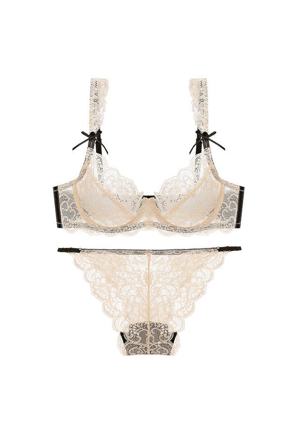 Intica - Komplet bielizny z koronki z delikatnymi wiązaniami Aftina. Kolor: beżowy. Materiał: koronka. Wzór: koronka
