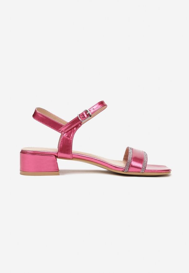 Renee - Fuksjowe Sandały w Cyrkonie na Niskim Słupku Kanora. Kolor: różowy. Obcas: na słupku. Styl: elegancki