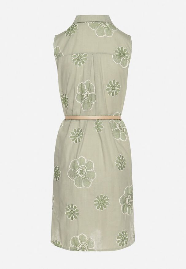 Born2be - Jasnozielona Bawełniana Sukienka Koszulowa w Haftowane Kwiaty z Paskiem z Klamrą Turivana. Okazja: na co dzień. Kolor: zielony. Materiał: bawełna. Wzór: kwiaty, haft. Typ sukienki: koszulowe. Styl: casual, klasyczny, elegancki
