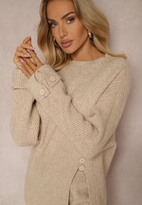 Renee - Jasnobeżowy Komplet z Wełną i Bawełną Spodnie o Szerokim Kroju Sweter z Guzikami i Rozcięciem Sialwen. Kolor: beżowy. Materiał: wełna, bawełna #4