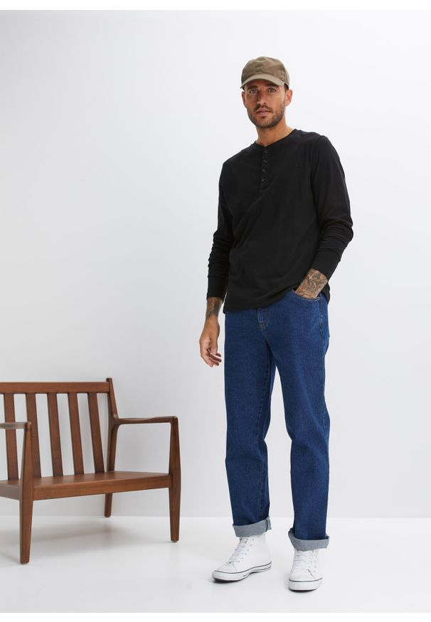 bonprix - Shirt w wygodnym fasonie z dekoltem henley (2 szt.). Typ kołnierza: typu henley. Kolor: czarny. Długość: długie. Wzór: aplikacja