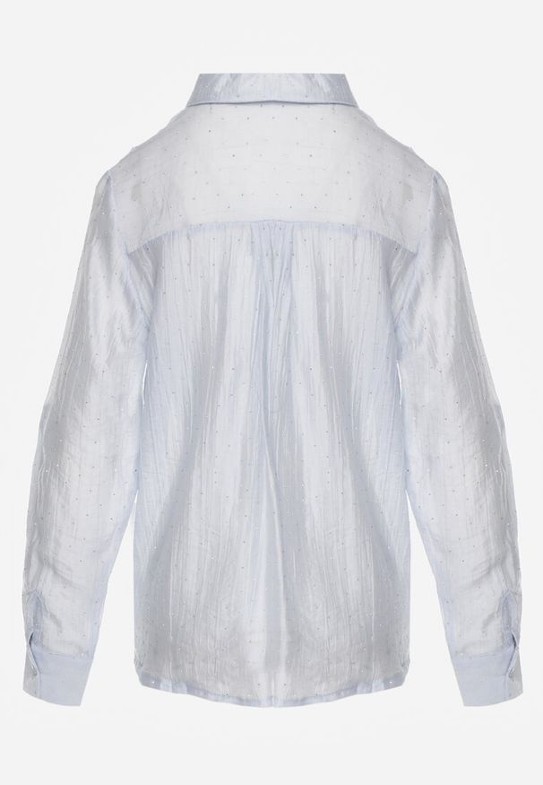 Born2be - Niebieska Transparentna Koszula Ozdobiona Cyrkoniami Clymadia. Okazja: na co dzień. Kolor: niebieski. Materiał: jeans. Wzór: aplikacja. Styl: casual, klasyczny