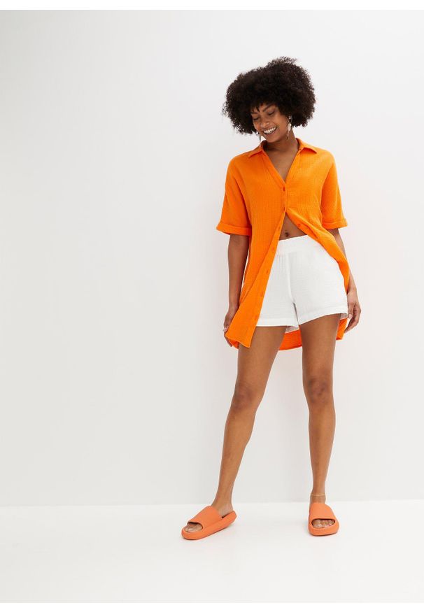 bonprix - Długa bluzka oversize z miękkiego muślinu. Kolor: pomarańczowy. Materiał: bawełna. Długość: długie