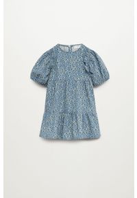Mango Kids - Sukienka dziecięca VIVIAN. Kolor: niebieski. Materiał: tkanina, bawełna. Długość rękawa: krótki rękaw. Wzór: kwiaty. Typ sukienki: rozkloszowane. Długość: mini #1