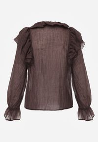 Renee - Brązowa Bluzka z Lyocellem w Stylu Boho z Wiązaniem pod Szyją i Falbanami Tasimi. Okazja: na co dzień. Kolor: brązowy. Materiał: jeans. Styl: boho #8