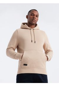 Ombre Clothing - Dresowa męska bluza kangurka z kapturem BASIC – beżowa V6. Okazja: na co dzień. Typ kołnierza: kaptur. Kolor: beżowy. Materiał: dresówka. Wzór: jednolity. Styl: sportowy, casual #2