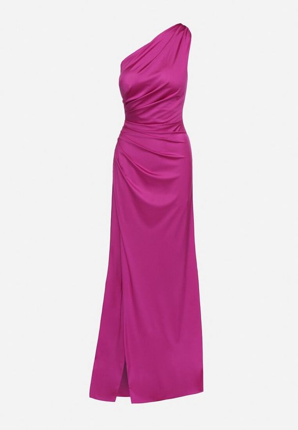 Born2be - Fuksjowa Sukienka na Jedno Ramię z Marszczeniem i Rozcięciem Talirisa. Okazja: na wesele, na ślub cywilny, na imprezę. Kolor: różowy. Typ sukienki: asymetryczne. Styl: klasyczny, elegancki
