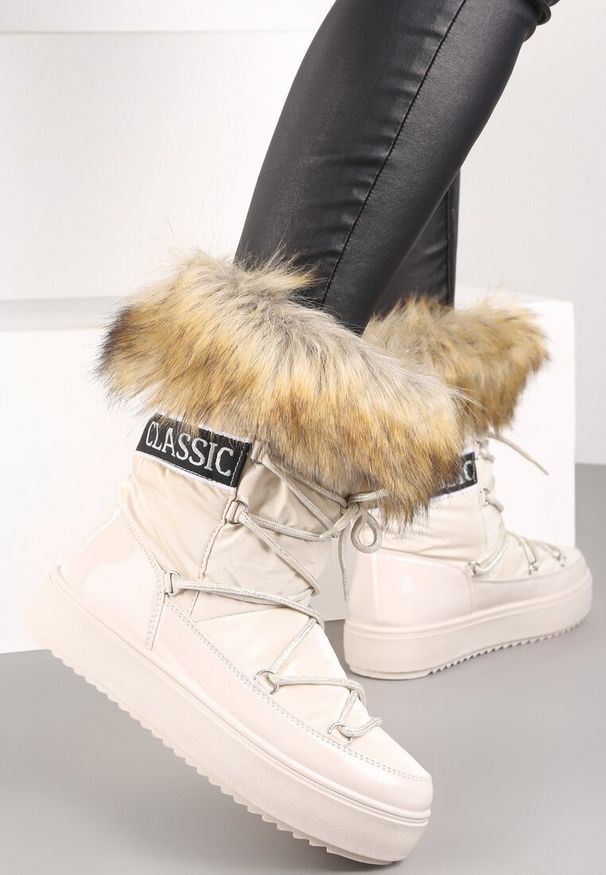 Born2be - Beżowe Śniegowce z Futerkiem i Sznurowaniem Plotia. Okazja: na co dzień. Kolor: beżowy. Materiał: futro. Wzór: ze splotem. Styl: casual, klasyczny, elegancki