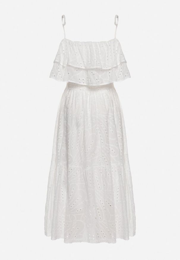 Born2be - Biała Sukienka Bawełniana z Hiszpańskim Dekoltem z Falbaną Uvilora. Okazja: na co dzień. Kolor: biały. Materiał: bawełna. Wzór: aplikacja. Styl: casual, elegancki