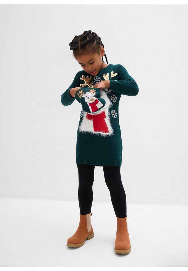 bonprix - Sukienka dzianinowa z torebką (komplet 2-cz.). Kolekcja: plus size. Kolor: zielony. Materiał: dzianina. Styl: wizytowy