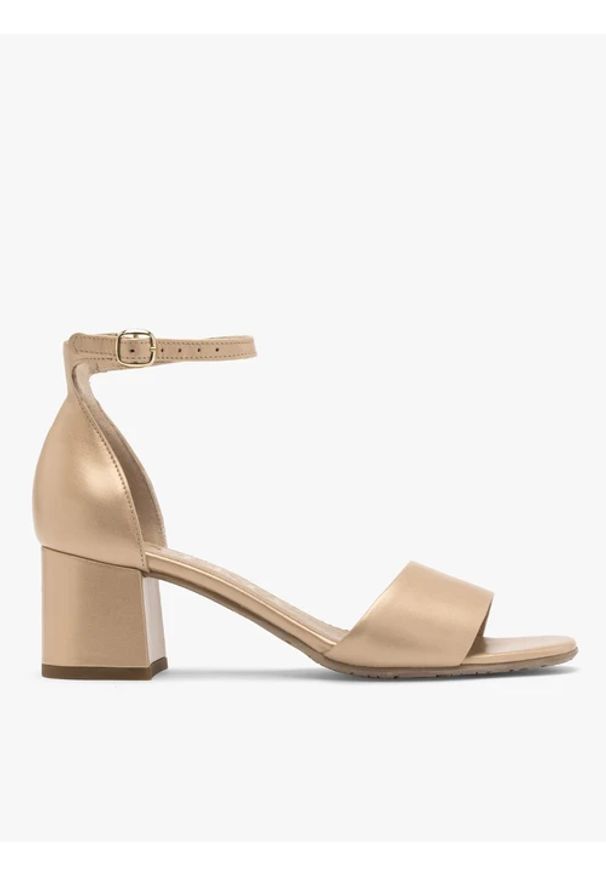 Ryłko - Złote sandały na obcasie. Zapięcie: pasek. Kolor: czarny. Materiał: skóra. Obcas: na obcasie. Styl: street. Wysokość obcasa: średni