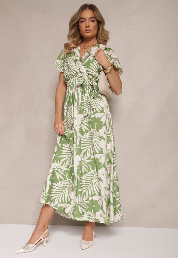 Renee - Zielona Rozkloszowana Sukienka z Wiskozy w Kwiaty Elarielis. Kolor: zielony. Materiał: wiskoza. Wzór: kwiaty. Sezon: wiosna, lato