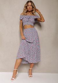 Renee - Jasnoniebieski 2-częściowy Komplet Bawełniany z Topem i Długą Spódnicą w Kwiaty Agnda. Kolor: niebieski. Materiał: bawełna. Wzór: kwiaty