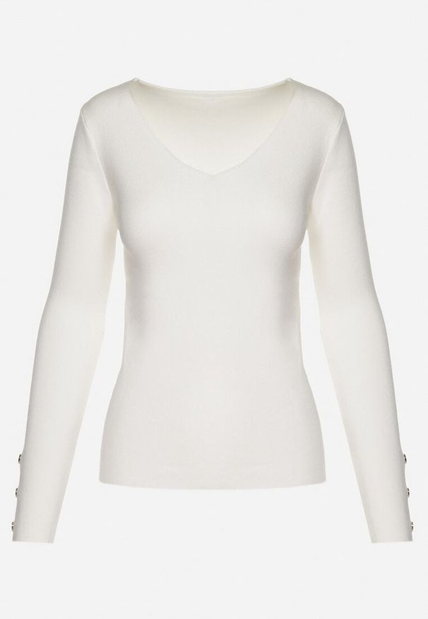 Born2be - Biały Sweter z Dekoltem V i Ozdobnymi Guzikami na Rękawach Atterisa. Okazja: na spotkanie biznesowe, do pracy, na co dzień. Typ kołnierza: dekolt w kształcie V. Kolor: biały. Materiał: jeans. Długość rękawa: długi rękaw. Długość: długie. Wzór: aplikacja. Styl: casual, biznesowy