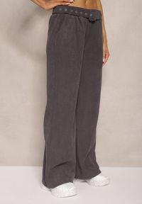 Renee - Szare Spodnie Sztruksowe o Szerokim Kroju High Waist z Paskiem Valoma. Okazja: na co dzień. Stan: podwyższony. Kolor: szary. Materiał: sztruks. Styl: retro, elegancki, casual #3