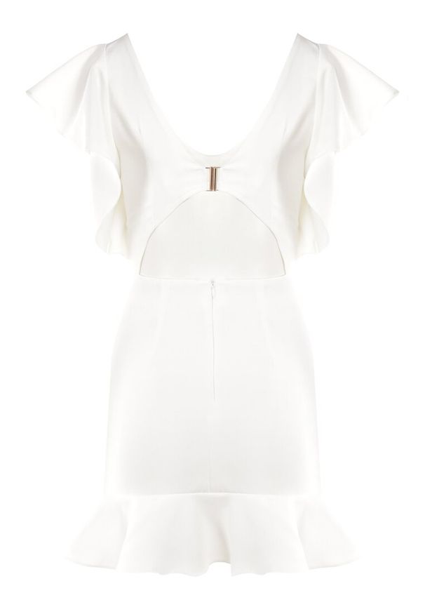 Born2be - Biała Sukienka Bessette. Typ kołnierza: kołnierz z falbankami. Kolor: biały. Długość rękawa: krótki rękaw. Wzór: aplikacja. Typ sukienki: dopasowane. Styl: wizytowy. Długość: mini